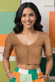 Brown Handcrafted Solid Cotton Blouse 10073658