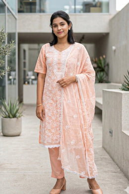 Peach Chikankari Embroidery Viscose Silk Salwar Suit 10076189