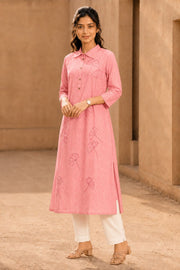 Pink Hand Embroidered Cotton Kurta 10077662