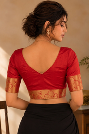 Sunset Scarlet Red Kanjivaram Silk Blouse With Floral Zari Border 10076645