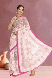 Cream Kalamkari Kantha Printed Malai Cotton Saree 10074906