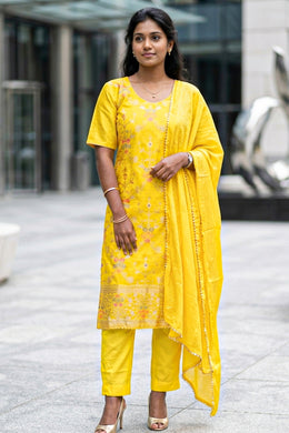 Yellow Mukaish Embroidery Viscose Silk Salwar Suit 10076195