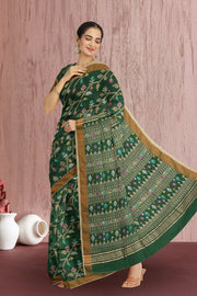 Green Bengal Handwoven Jamdani Style Cotton Saree 10075354