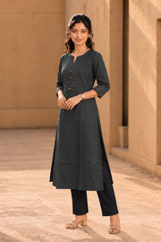Black Hand Embroidered Cotton Kurta 10077674