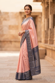 Pink Korvai Kanjivaram Pure Silk Saree With Silver Zari Border 10077901
