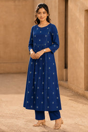 Cerulean Blue Hand Block Cotton Kurta 10077628