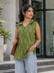 Green Hand block Printed Women Sleevless Shirt 10077177