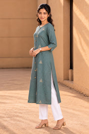 Green Cotton Hand Embroidered Kurta 10077670