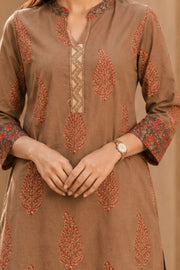 Brown Hand Block Printed Cotton Kurta & Pant Set 10077617
