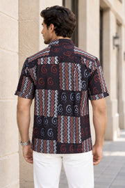 Black Half Sleeve Ajrakh Printed Cotton Mens Shirt 10073173