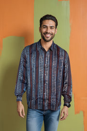 Blue Full Sleeve Jahota Print Modal Silk Mens Shirt 10074382