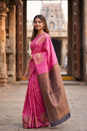 Hot Pink Jute Weave Kanjivaram Vegan Silk Saree 10074637