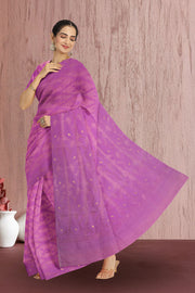 Violet Handloom Jamdani Style Cotton Saree with Blouse 10074213