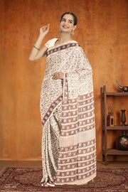 Cream Sanganeri Printed Silk Cotton Saree 10075718