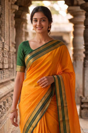 Sunset Yellow Mysore Crepe Silk Saree With Zari Border 10076258