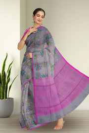 Grey Chanderi Printed Silk Cotton Saree 10075361