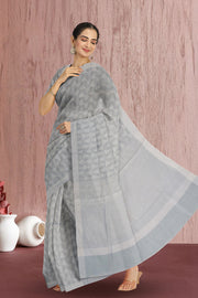 Grey Chanderi Jaal Design Silk Saree 10075386