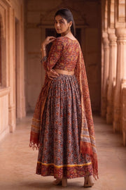 Maroon Hand Block Printed Cotton Chaniya Choli With Kota Doria Dupatta 10066322