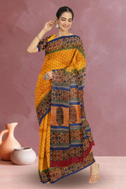 Yellow Printed Tussar Silk Saree 10076298