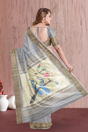 Grey Handloom Paithani Cotton Saree with Silk Pallu 10068437