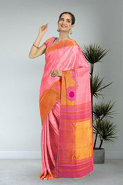 Kanjivaram Handloom Pure Silk Saree in Rosemilk Pink with Ettukol Weave Turning Border 10076115