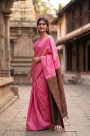 Neon Pink Jute Weave Kanjivaram Vegan Silk Saree 10074638