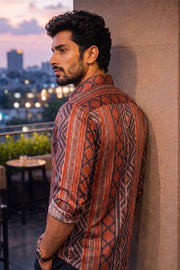 Brown Full Sleeve Jahota Print Modal Silk Mens Shirt 10074380