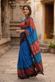 Blue Printed Semi Tussar Silk Saree 10074898