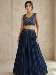 Navy Blue Silk Hand Embroidered Lehenga 10076887