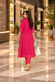 Hot Pink Printed Cotton Kurta Set 10078208
