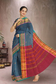 Blue Handloom Chettinad Cotton Saree Without Blouse 10072572