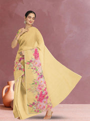 Yellow Floral Printed Linen Saree 10074019