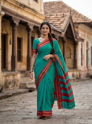 Peacock Green Vegan Silk Kanjivaram Saree With Temple Border 10077926