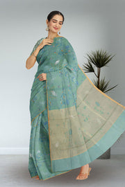 Blue Chanderi Printed Silk Cotton Saree 10075359