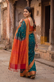 Peacock Green Handloom Kanchi Silk Cotton Saree 10077996