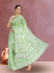 Green Handloom Jamdani Style Cotton Saree with Blouse 10074222