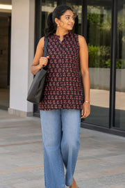 Black Jahota Hand block Printed Women Sleevless Shirt 10077194
