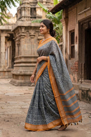 Dark Grey Printed Semi Tussar Silk Saree 10077231