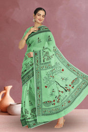 Green Warli Print Bengal Cotton Saree 10075307
