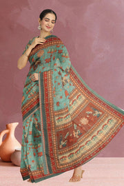 Blue Kalamkari Printed Malai Cotton Saree 10074677