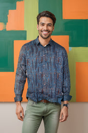 Blue Full Sleeve Jahota Print Modal Silk Mens Shirt 10074378