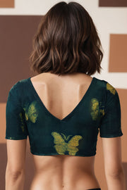 Green Butterfly Motif Indigo Hand Block Print Cotton Blouse 10074583