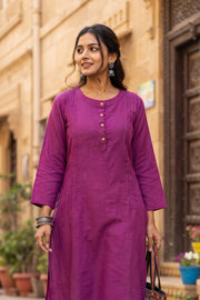 Bright Purple Handcrafted Slub Cotton Kurta 10077425