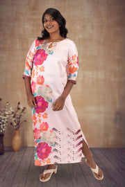 Peach Printed Vegan Charmeuse Silk Dress 10074056