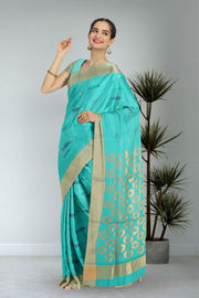 Blue Fish Motifs Chanderi Printed Silk Cotton Saree 10075937