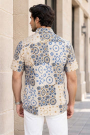 Beige Half Sleeve Ajrakh Printed Cotton Mens Shirt 10072915