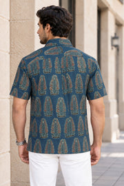 Blue Half Sleeve Ajrakh Printed Cotton Mens Shirt 10071086