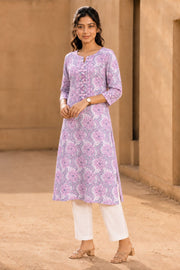 Pastel Purple Hand Block Printed Cotton Kurta 10077683