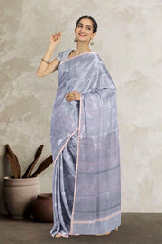 Grey Dragonfly Motifs Chanderi Printed Silk Cotton Saree 10075929