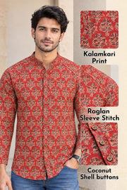 Red Full Sleeve Kalamkari Print Raglan Men's Shirt 10077844